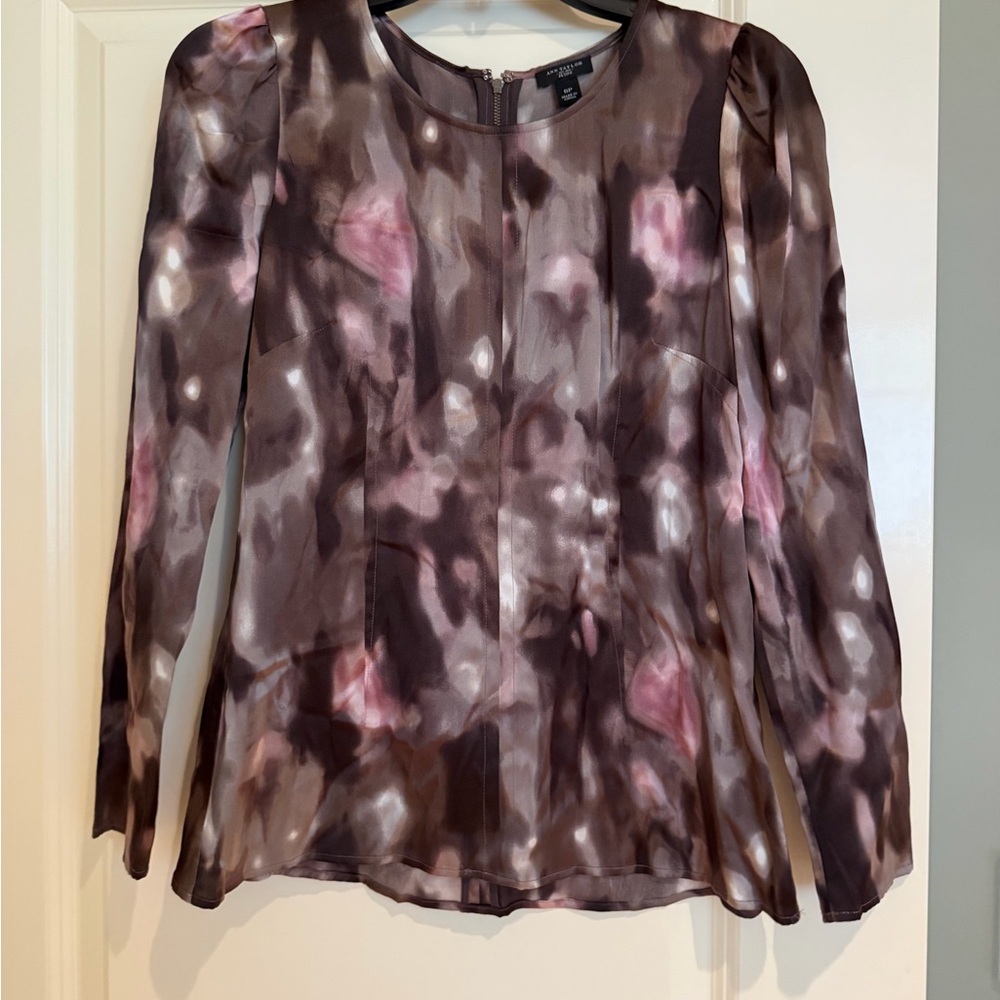 Ann Taylor Brown and Pink Watercolor-Print Long-Sleeve Blouse